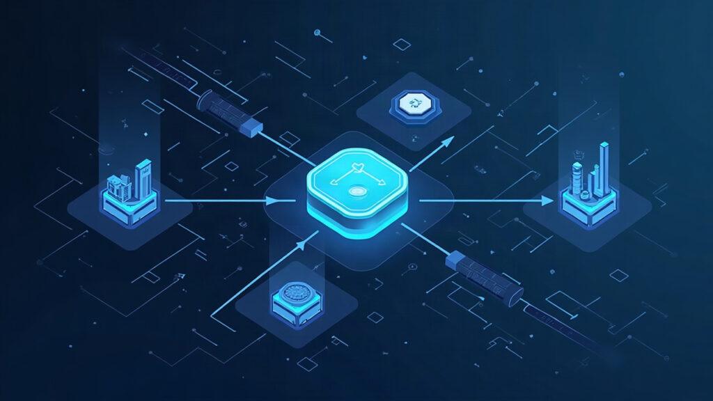 Semi-realistic Base hub with MAG7-USDC and TAO-USDC pools; arrows direct liquidity in a sleek crypto-news style.