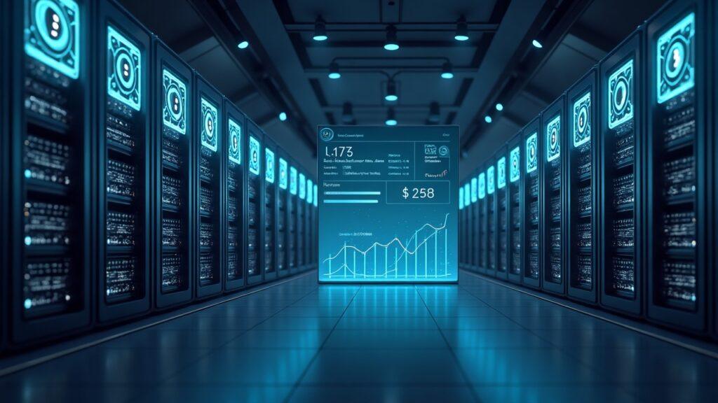 Semi-realistic illustration of a Bitcoin mining facility with rows of rigs and a dashboard showing rising production.