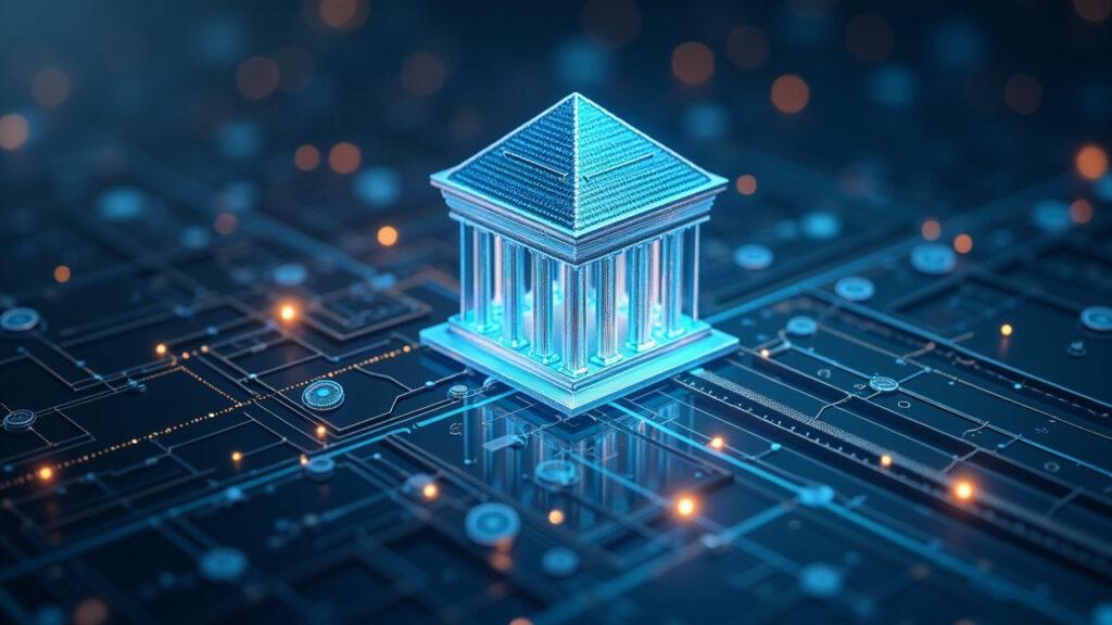 Hybrid illustration of a fund with a translucent blockchain ledger, showing tokenized shares and on-chain ownership.