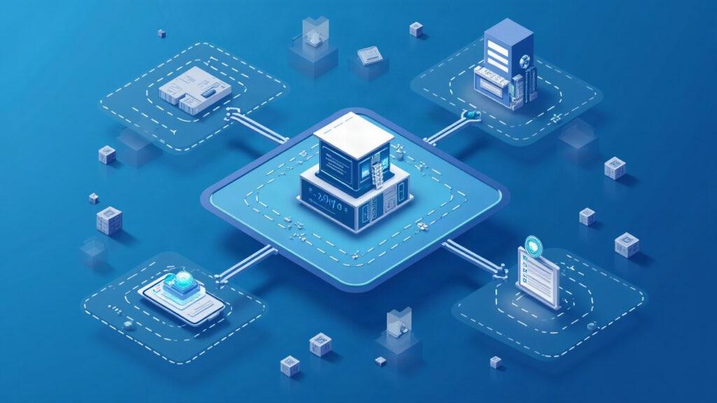 Semi-realistic illustration of an avalanche network hub with vaults, interconnected servers, tokenized securities and payments icons
