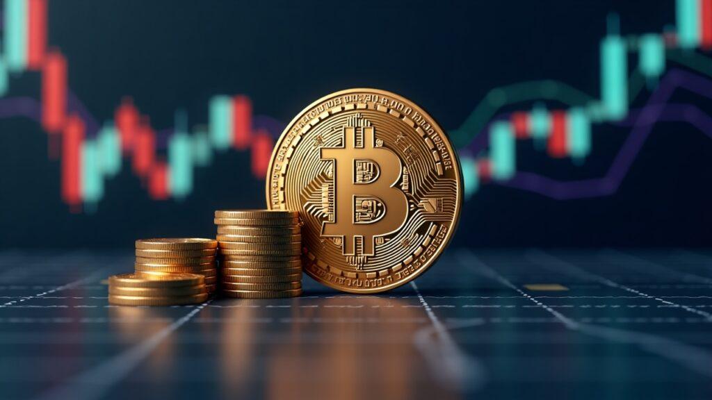 Semi-realistic Bitcoin icon with towering futures contracts on a trading screen, spot market subdued in the background.