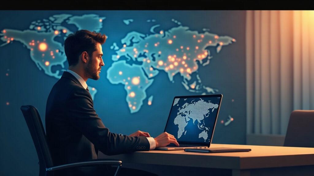 Calm compliance officer at a desk monitors a global network as a Binance-style interface blocks sanctioned EU-Russia platforms