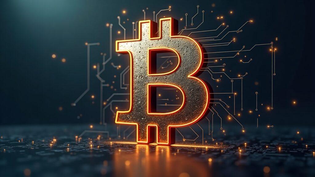 Bitcoin symbol with AI circuitry and fading credit lines, signaling an AI-driven credit bust.