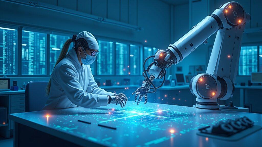 Semi-realistic illustration of a Bittensor subnet linking robotics, AI inference, and agent deployments in a clean lab with a robotic arm.