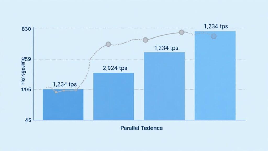 Illustration of parallel ledgers with rising throughput bars from 1,237 to 2,324 tps on blue-gray BNB Chain testnet.