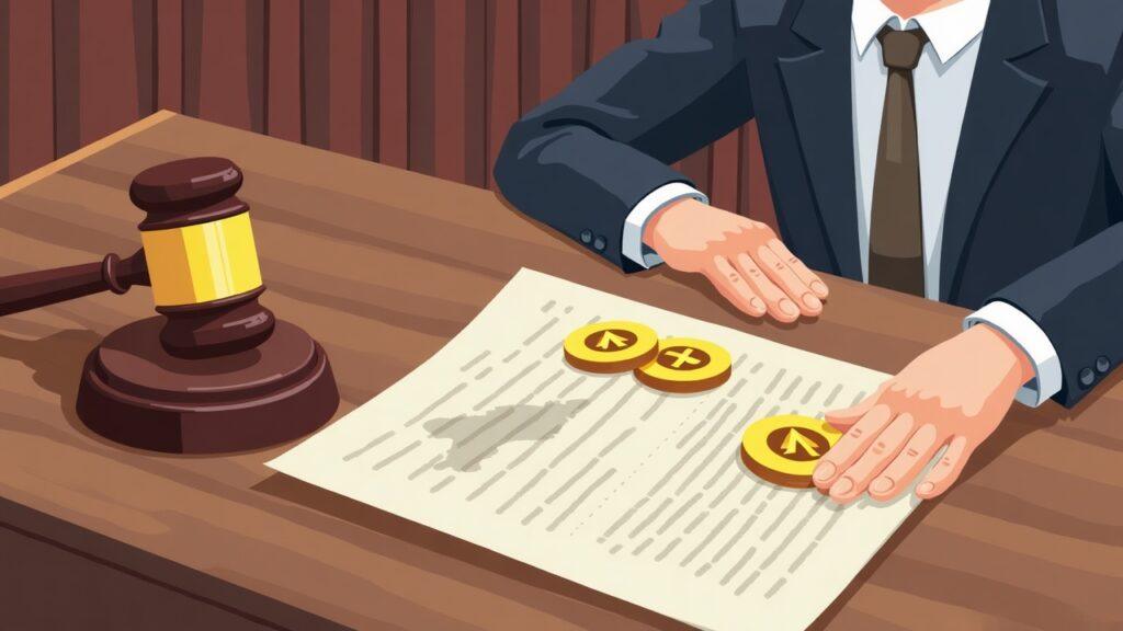 Courtroom scene with a gavel, legal documents, Ethereum-like tokens, and a subtle North Korea map.