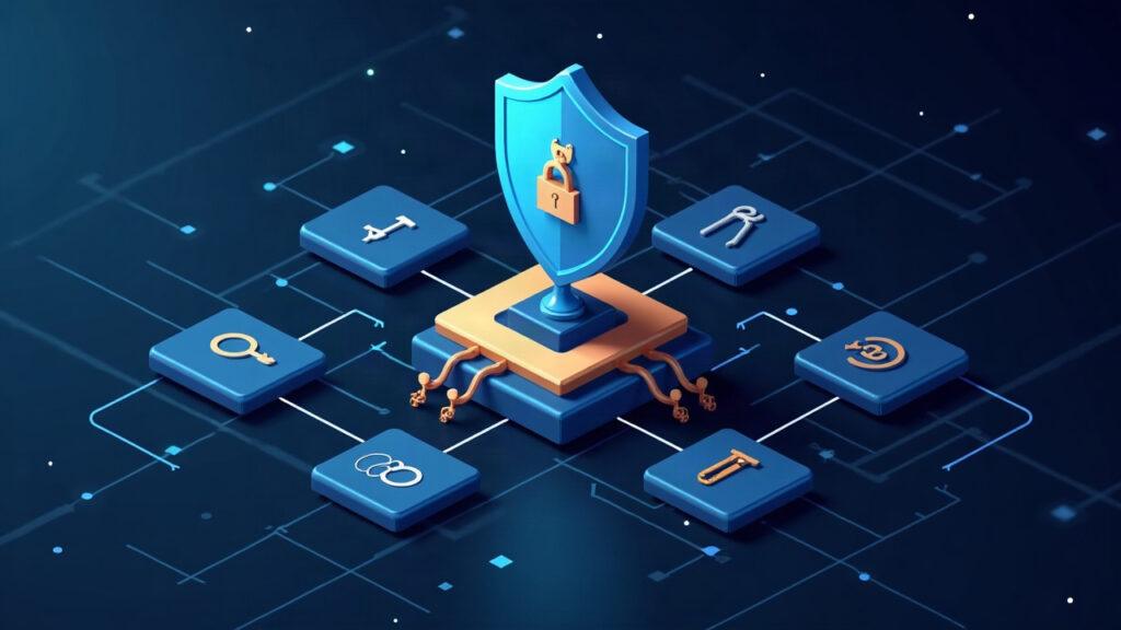 Semi-realistic blockchain block header with a Merkle tree, post-quantum security shield, and developer tooling icons.