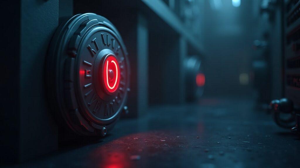 Semi-realistic DeFi vault with red pause badge on rtUSQ tokens, blue tones and faint contract code signaling containment after an exploit.