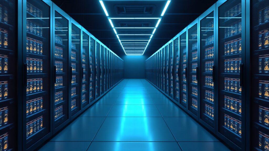 Semi-realistic bitcoin mining data center with AI HPC console, showing CleanSpark's 175 MW lease pivot.