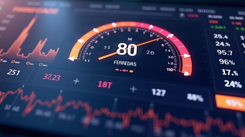 Semi-realistic crypto dashboard with a fear-to-greed gauge reading 80 in a clean, professional style.