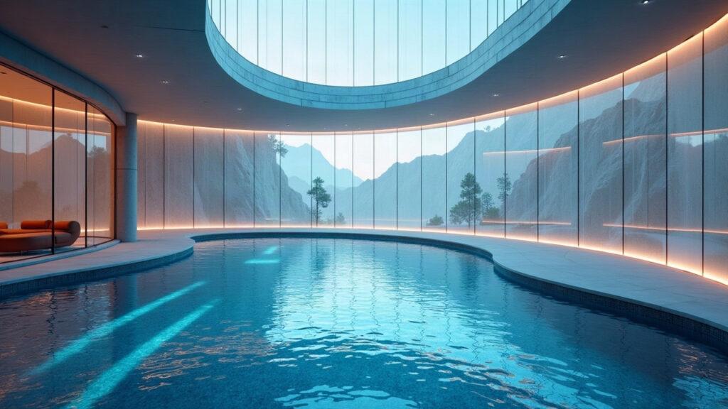 Semi-realistic illustration of a Curve liquidity pool with curved glass panels, conveying a yield report and on-chain metrics.
