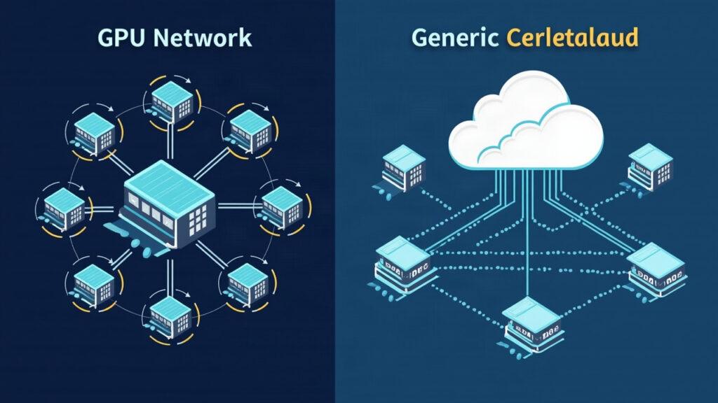 Realistic illustration of decentralized GPU nodes vs centralized cloud, highlighting cost savings and faster AI inference.