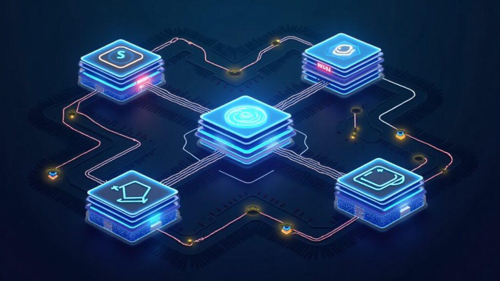 Semi-realistic GPU nodes connected to a central orchestration hub showing data residency locks and a Ray/Kubernetes UI.