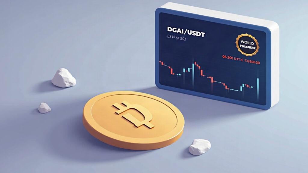 Semi-realistic illustration of DGAI token beside a trading screen showing DGAI/USDT, with a premiere badge and an 08:00 clock.