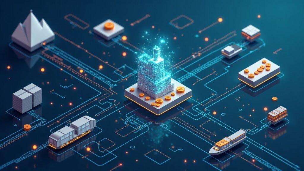 Realistic illustration of tokenized assets in post-trade infrastructure, featuring DTCC, JPMorgan, Goldman Sachs and BlackRock.