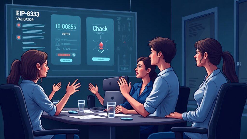 Semi-realistic scene of Ethereum validators signaling a vote on a tapered issuance burn proposal, with a dashboard displaying 80k ETH.