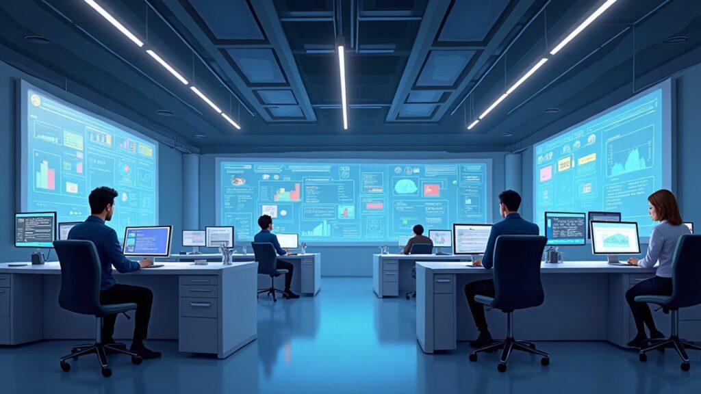 User defines a goal; planner splits it into steps; agents perform subtasks in parallel in a sleek AI workspace.