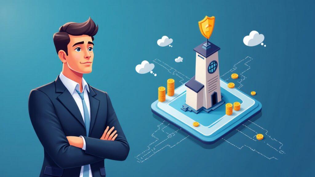 Semi-realistic illustration of a business executive beside Canton Network hub with shield, governance and validation.