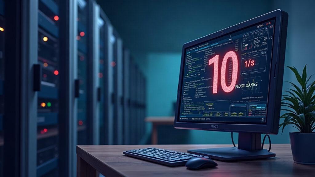 Hybrid data center illustration showing a monitor with 10s latency under Glamsterdam devnet-8 stress, in muted tones
