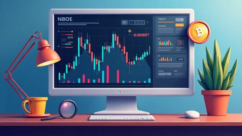 Illustration of a trader's desk with a monitor displaying KOUSDT and RDDTUSDT perps, plus a magnifying glass and caution badge.