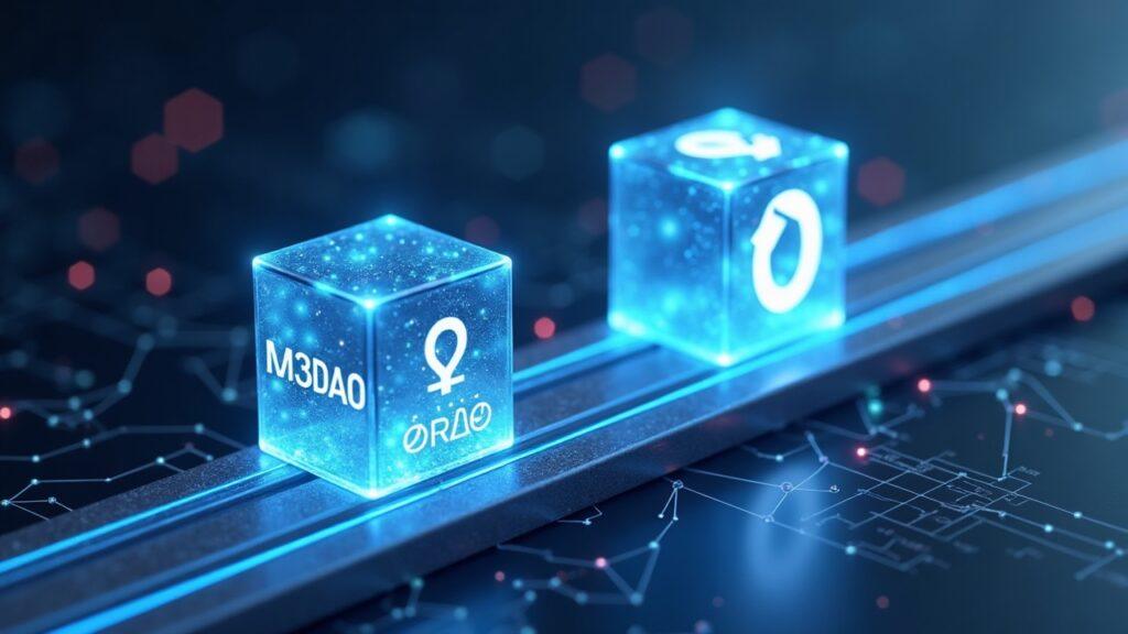 Two abstract blocks labeled M3DAO and Ordo Chain connected by glowing AI rails over a digital ledger.