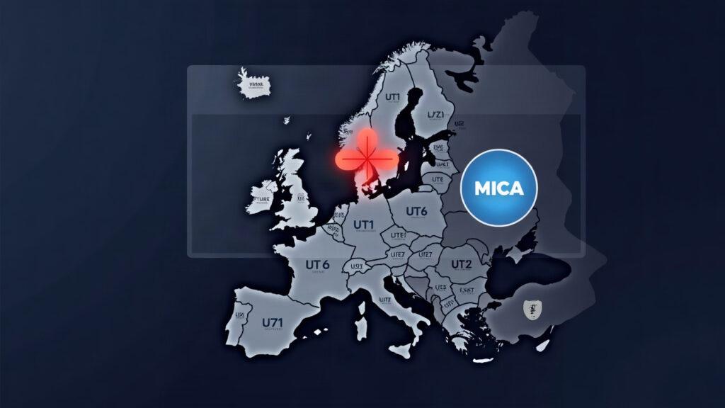 Semi-realistic fintech screen: Europe map, red cross over USDT icon, and a MiCA badge.