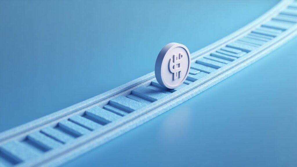 Native USDC token moving along clean Aptos blockchain rails in a semi-realistic, professional illustration.