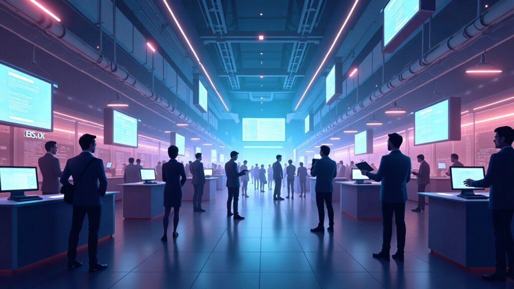 Realistic semi-illustration of a busy NFT marketplace with diverse buyers and sellers exchanging abstract NFT tokens.