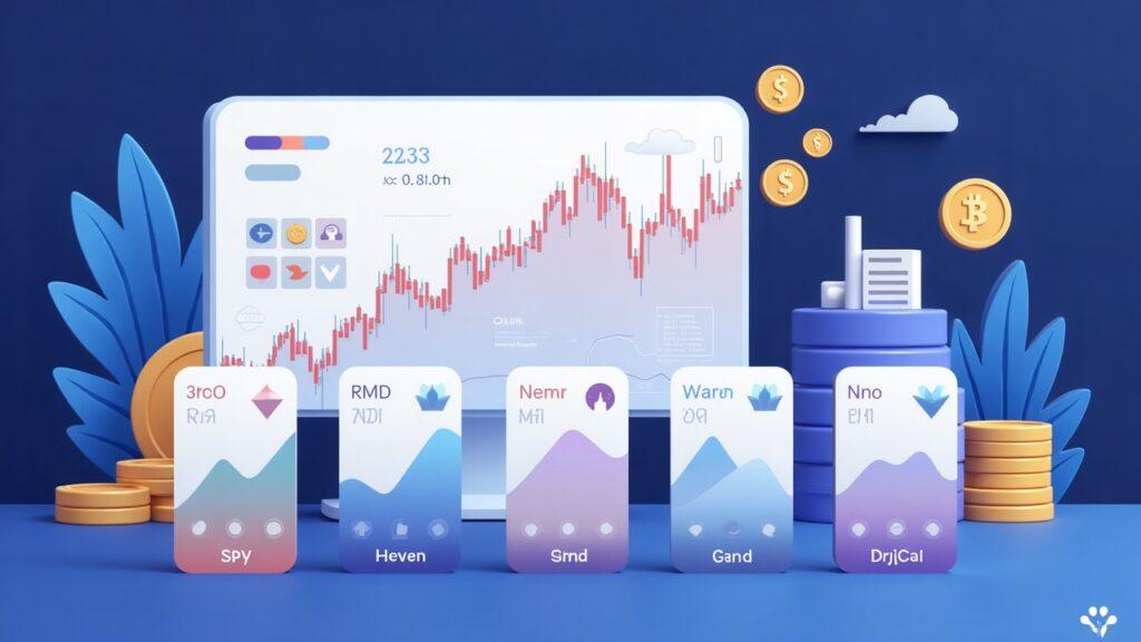 Semi-realistic KuCoin Alpha UI with Ondo tokenized stock cards: SPYon, NVDAon, MUon, SNDKon, CRCLon.