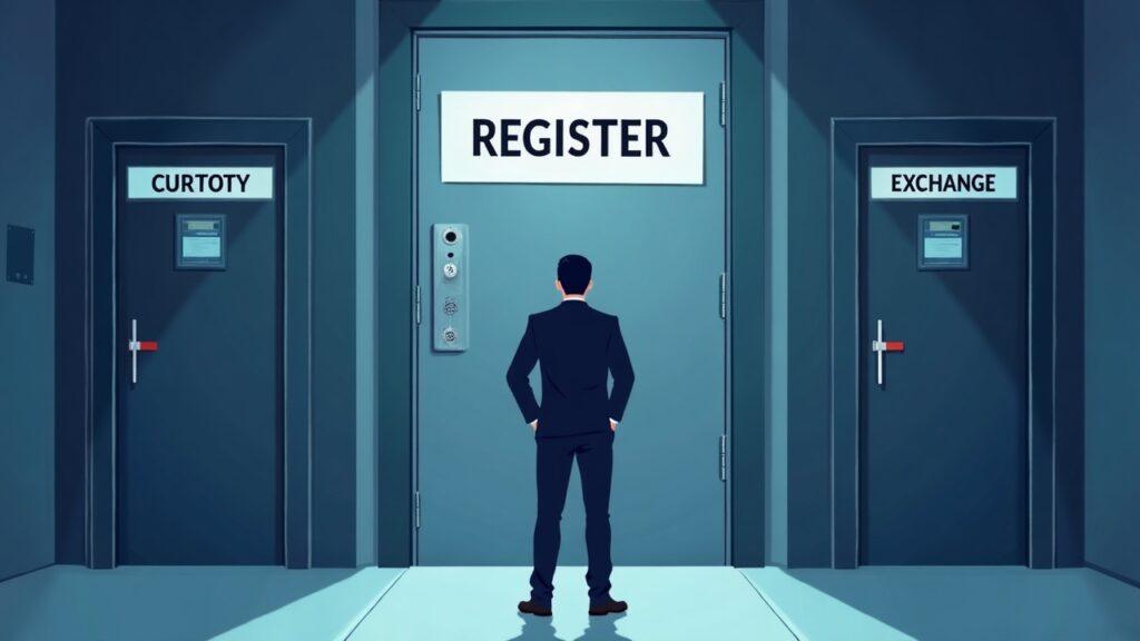 Professional in front of a sleek door labeled UK crypto register; behind are locked rooms marked Custody and Exchange.