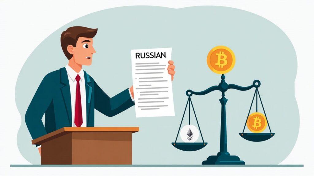 Russian regulator presenting a draft framework for crypto trading on regulated exchanges, with a document and scales.