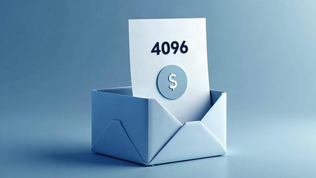 Semi-realistic illustration of a 4096-byte envelope entering a blockchain transaction block in a calm blue-gray news style.
