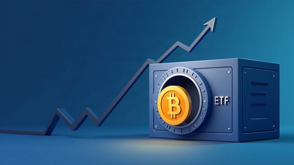 Bitcoin coin entering a sleek ETF vault with a soft blue upward arc.