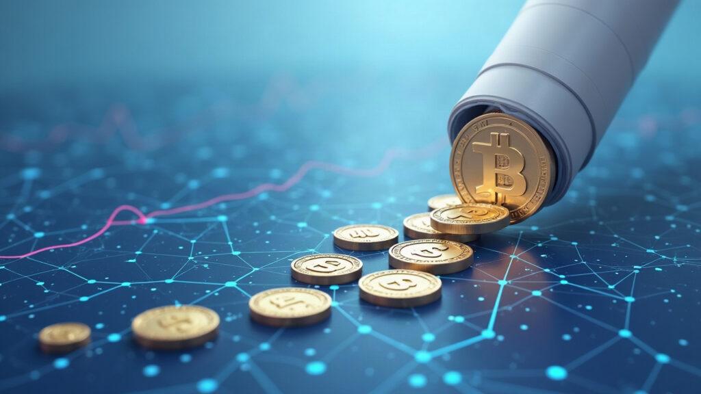 Semi-realistic illustration of dollar tokens flowing into a clean crypto ledger, symbolizing expanding stablecoin liquidity