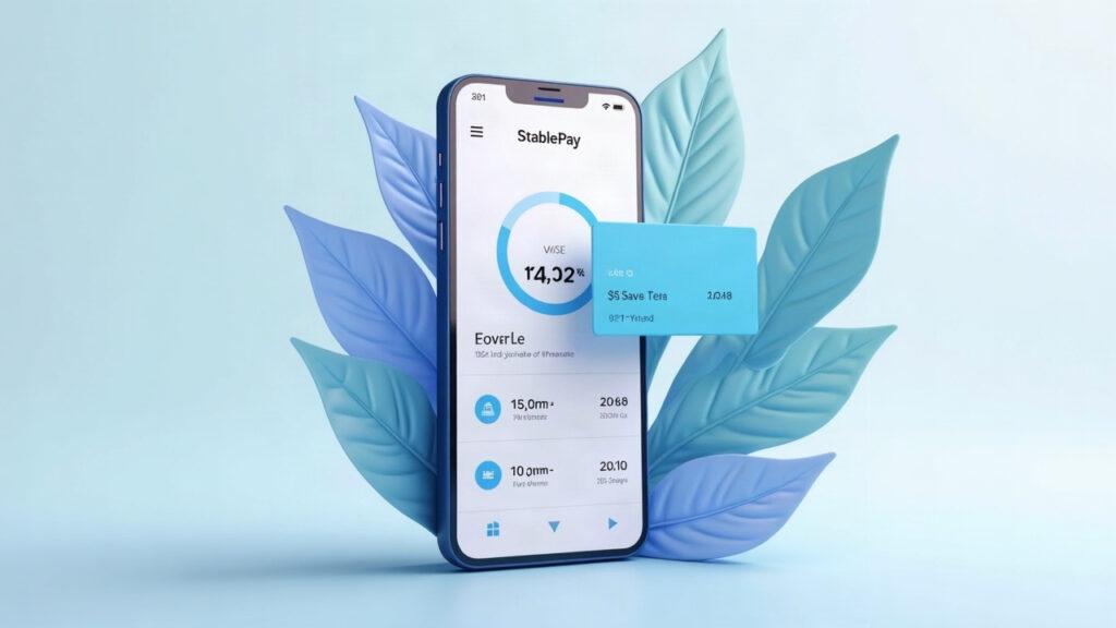 Smartphone displaying StablePay UI with USDT balance and Earn yield card.