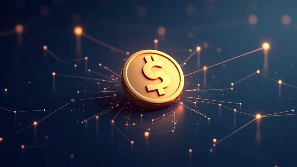 Semi-realistic depiction of a USDT coin minting on a Tron-like network with glowing blockchain lines.