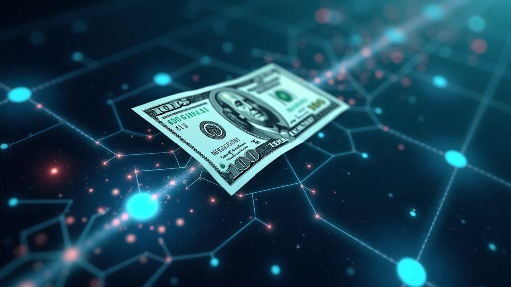 Semi-realistic illustration of a tokenized U.S. Treasury note on-chain connected to a secure custody interface.
