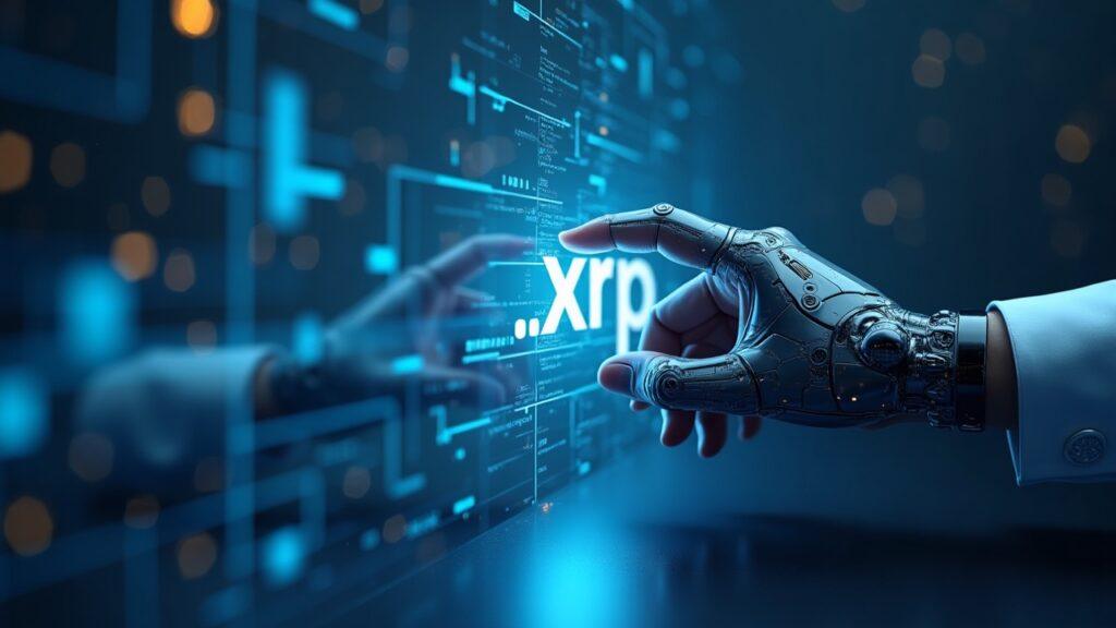 Realistic illustration of a .xrp domain registry UI with an AI agent at a translucent panel on XRPL-like nodes