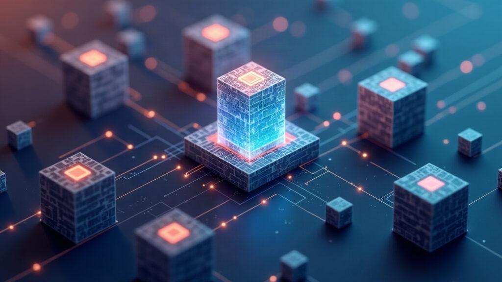 Semi-realistic illustration of a digital trading hub on a blockchain, with tokenized stocks flowing to one hub in muted tones.
