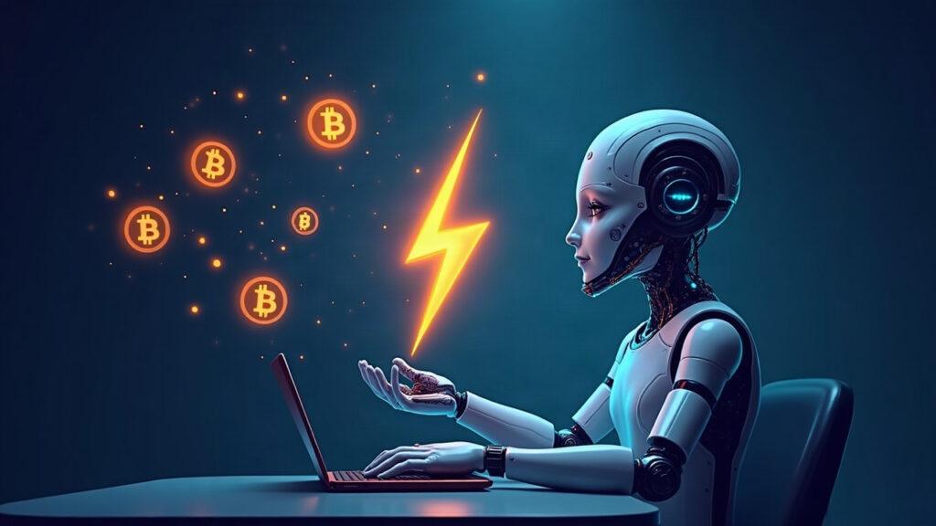 AI agent dashboard exchanging micro-payments via a glowing Bitcoin Lightning bolt, with Block and x402 branding