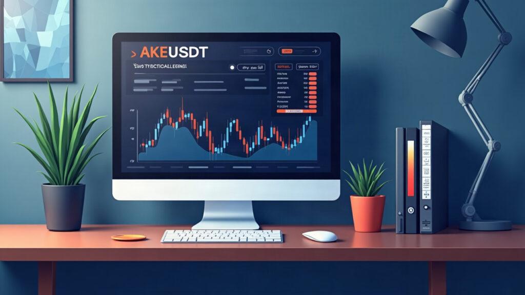 Semi-realistic trading desk with a monitor showing AKEUSDT perpetual futures live, implying OKX listing.