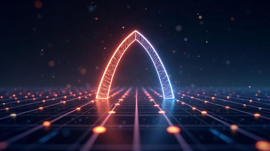 Arc chain illustration: glowing grid with liquidity arrows from a Uniswap-inspired gateway and an 84% caption.