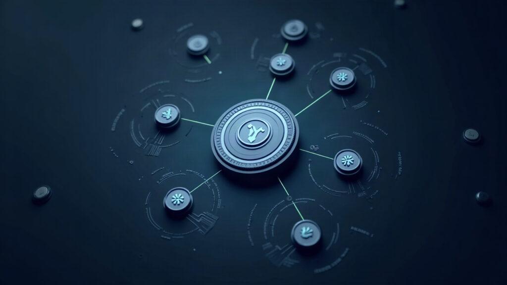 Semi-realistic Arc mainnet launch with a central USDC token and an arc network linking institutional nodes in blue-gray.