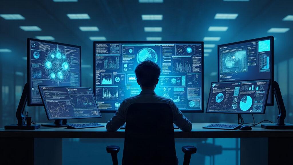 Semi-realistic scene of a person at a desk with multiple screens researching in Athena deep work mode inside ASI:One.