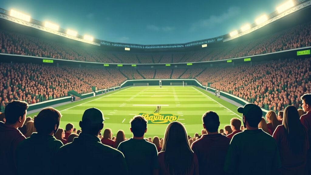 Semi-realistic illustration of Baylor fans at a stadium using a linked card or app to earn points, with a subtle Avalanche blockchain glow