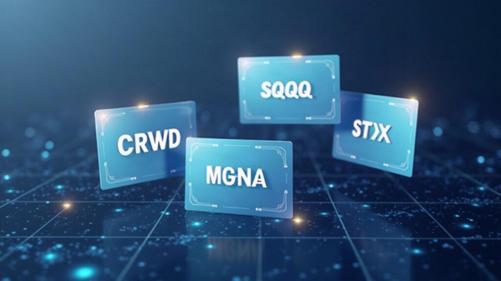 Illustration of four tokenized stock cards CRWD, MRNA, SQQQ, STX over a digital grid, symbolizing 24/7 instant exchange