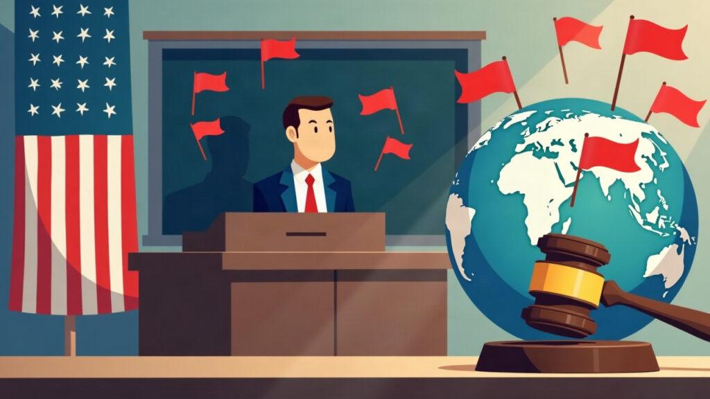 Illustration of a US prosecutor's office, a trading screen with red flags, a globe highlighting Iran sanctions, and a gavel.