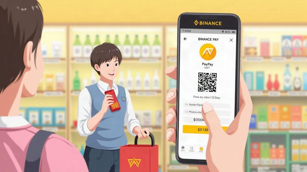 Smartphone payment at a Japanese retailer: Binance Pay shows USDT and a PayPay QR code, with settlement in yen.