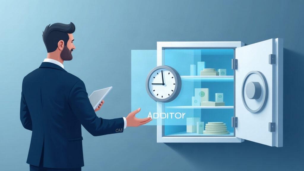Calm auditor beside a transparent digital vault showing 1:1 crypto reserve coverage with a balanced scale