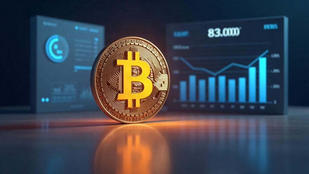 Semi-realistic Bitcoin coin with soft lighting, a glowing 83,000 panel, and a faint PCE document icon in a newsroom setting.